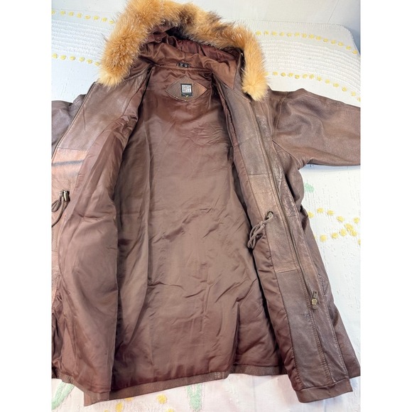 Greg Bell Men's Brown Leather Fur Hooded Duffle Coat Parka Size M - Picture 9 of 10